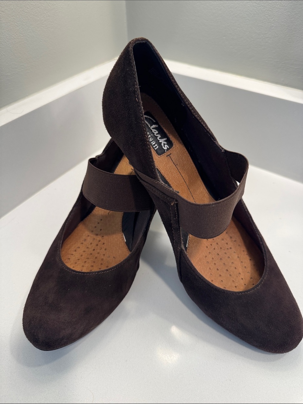 Clarks Brown Suede Mary Jane Heels with Elastic Strap